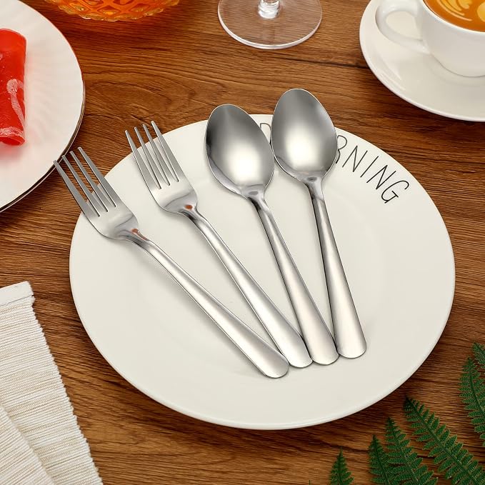 BBTO 100 Pcs Forks and Spoons Silverware Set Bulk Stainless Steel Flatware Cutlery Set 6.7'' Kitchen Utensils for Home Restaurant 50 Dinner Fork, 50 Teaspoon, Mirror Polished, Dishwasher Safe