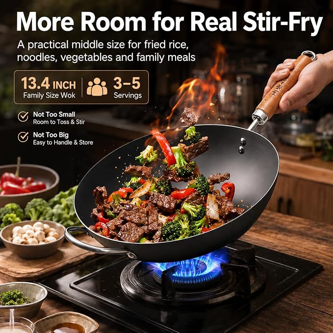 WANGYUANJI Carbon Steel Wok Pan, 13.4" Woks & Stir-Fry Pans with Glass Lid No Chemical Coated Flat Bottom Iron Wok for Induction, Electric, Gas, Halogen All Stoves | Uncoated Stir Fry Pan with Wooden Handle for Gas, Electric, Induction, Ceramic & Halog...
