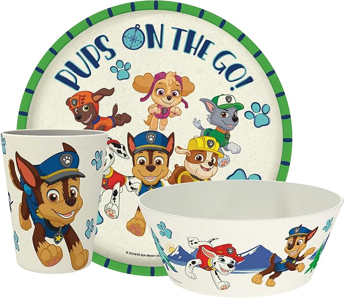 Zak Designs PAW Patrol Kids Dinnerware Set 3 Pieces, Durable and Sustainable Melamine Bamboo Plate, Bowl, and Tumbler are Perfect For Dinner Time With Family (Chase, Marshall, Skye & Friends)