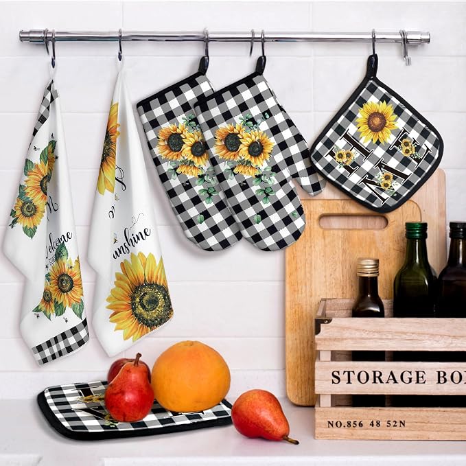 Bencailor 6 Pcs Sunflower Kitchen Decor Sunflower Kitchen Towels Black and White Plaid Pot Holders and Oven Mitts Sets 2 Farmhouse Cooking Mittens for Cooking Grilling Supply Accessories