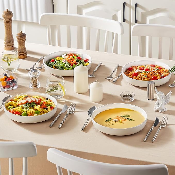 MALACASA 48 Oz Pasta Bowls Set of 4, Ceramic Soup Bowls, TARA Khaki White | Microwave and Dishwasher Safe, Chip-Resistant, For Salad, Soup, Fruit, and Dessert, 9 Inch Wide, Stackable, Modern Design