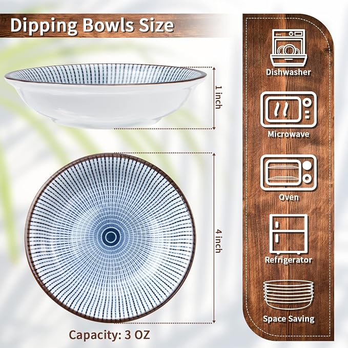 Eisinly 6 Pack Dipping Bowls,3 OZ Small Ceramic Soy Sauce Dish,Vintage Blue | 4 Inch, Blue-white Glaze, Shiny, Safe, Dishwasher Safe, for Seasonings, Sushi & BBQ