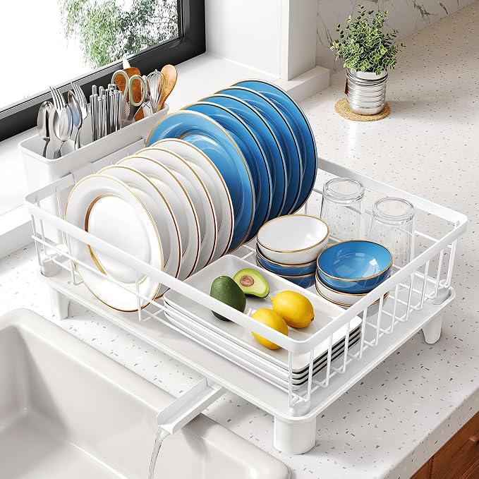 SNTD Dish Drying Rack for Small Kitchen Counter, 11" W x 15" L, White | Space Saving, Rotating Spout & Angled Drainboard for Quick Drainage, Stainless Steel, Removable Utensil Holder