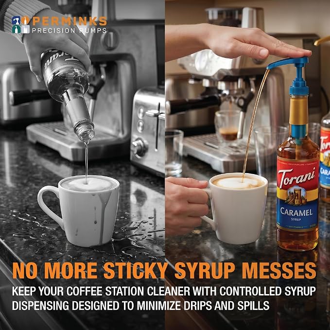 Premium Syrup Pump Compatible with Torani 750 ml Bottle, Davinci Syrups - No Spill, No Clog Syrup Pump Dispenser for Vanilla, Snow Cone, Blueberry, Coffee Flavoring & More (Pack of 6, Blue)