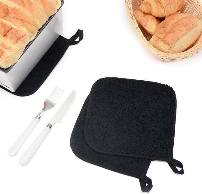 Pot Holders for Kitchen, 100% Cotton Terry Pot Holder Set of 5, Heat Resistant Hot Pads for Cooking, Baking, Hot Dishes and Countertop Protection,Black