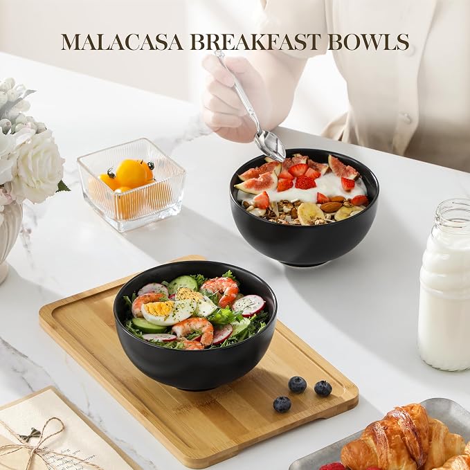 MALACASA 26 Oz Black Ceramic Bowls Set of 6,Cereal & Soup Bowl for Kitchen | Perfect for soup, cereal, ramen, rice, oatmeal & salad; Scratch-resistant ; stackable, microwave, oven & dishwasher safe