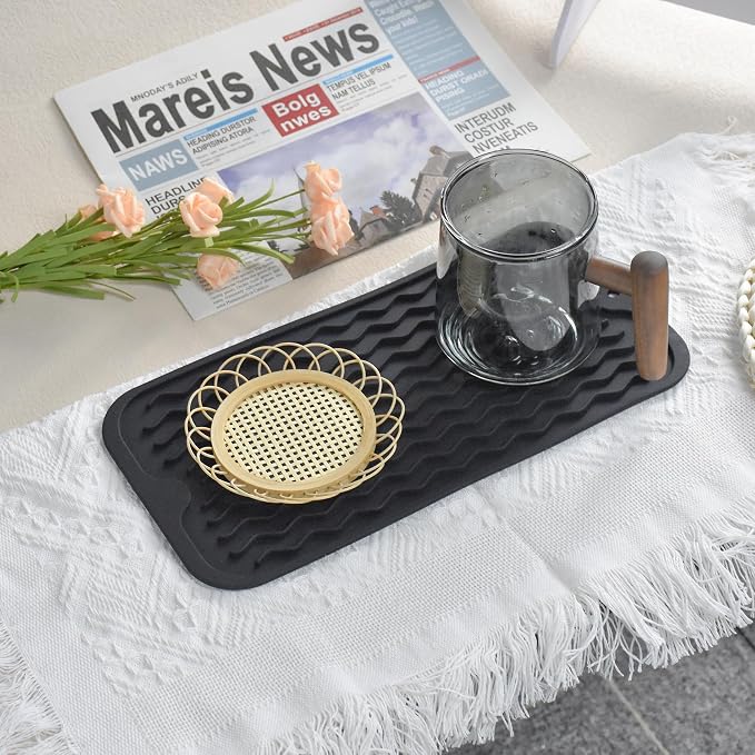 Silicone Dish Drying Mat, Non-Slip Easy Clean Sink Mat, Black, 12" x 6" | Quick-Dry Ridges, Large Heat-resistant Dish Drainer Mat for Kitchen Counter, Hangable & Roll-Up for Storage, Dishwasher Safe