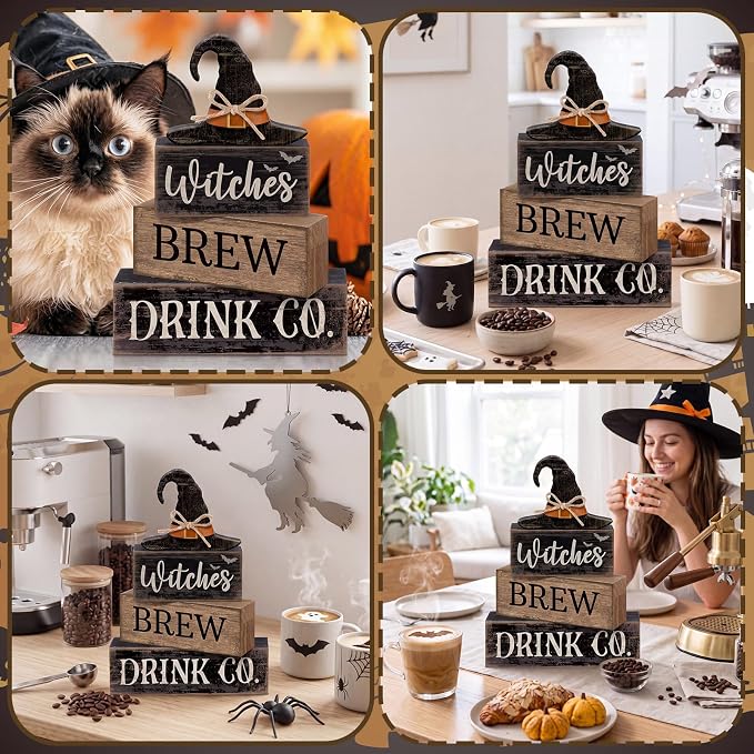 Lineshading 4 Pcs Halloween Witch Wood Block Signs, Tiered Tray Decor | Rustic Wooden Blocks with Witches Brew Theme, Distressed Farmhouse Style for Tabletop, Fall Party Home Decoration