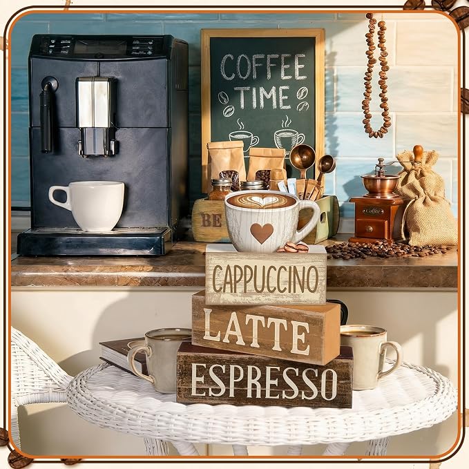 Lineshading 4 Pcs Farmhouse Coffee Bar Signs, Wooden Coffee Stacked Blocks | Vintage Coffee Bar Decor, Coffee Station Accessories with Cappuccino Latte, Table Decor for Home Kitchen Office Tiered Tray