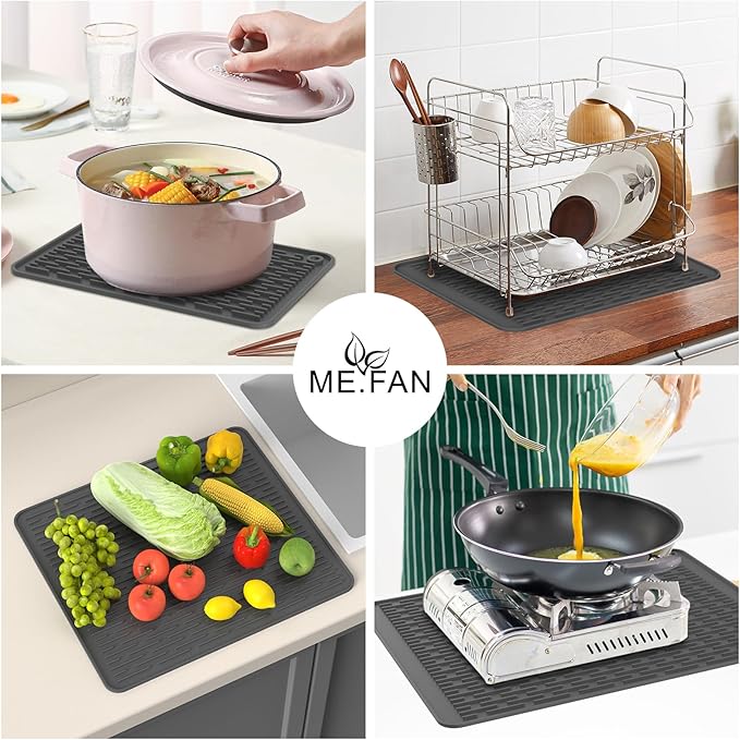 ME.FAN Silicone Dish Drying Mat for Kitchen Counter, Dish Drying Pad for Sink, Refrigerator or Drawer, Countertop Protection Pad M - 16''×12'' - Grey