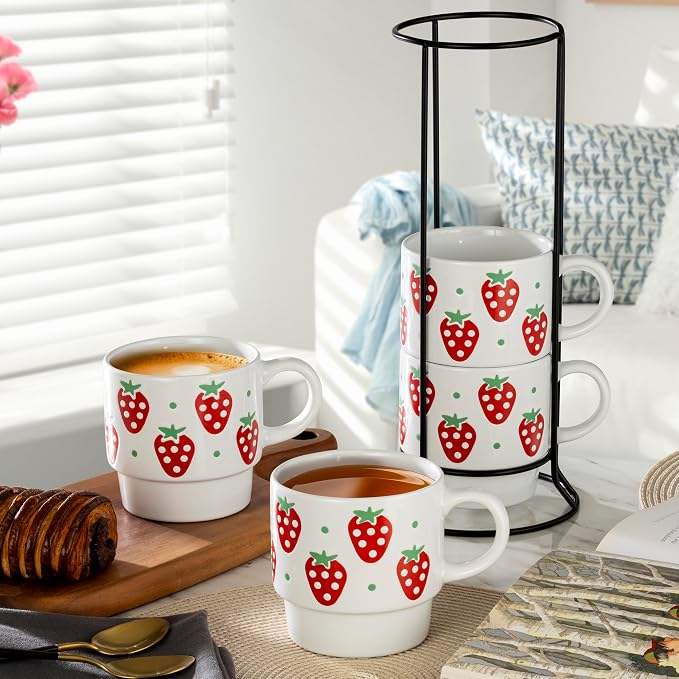 Signature Housewares Stackable Coffee Mug Tower Set with Metal Wire Rack - 15 Ounce Coffee Mugs for Coffee, Tea, Cocoa, Milk, Cappuccino, Hot Chocolate Set of 4 - Strawberry Pattern