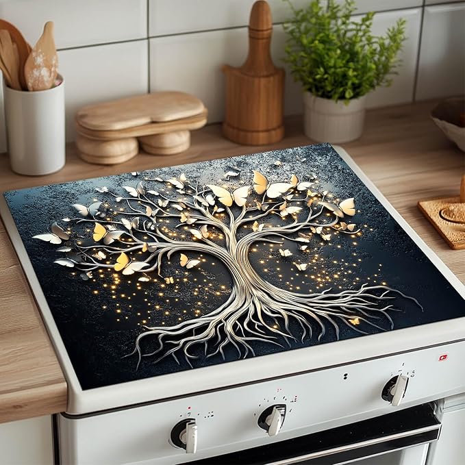 HOMETITUTE Golden Glow Butterfly Tree Stove Top Cover 28x20 Diatomite Mat