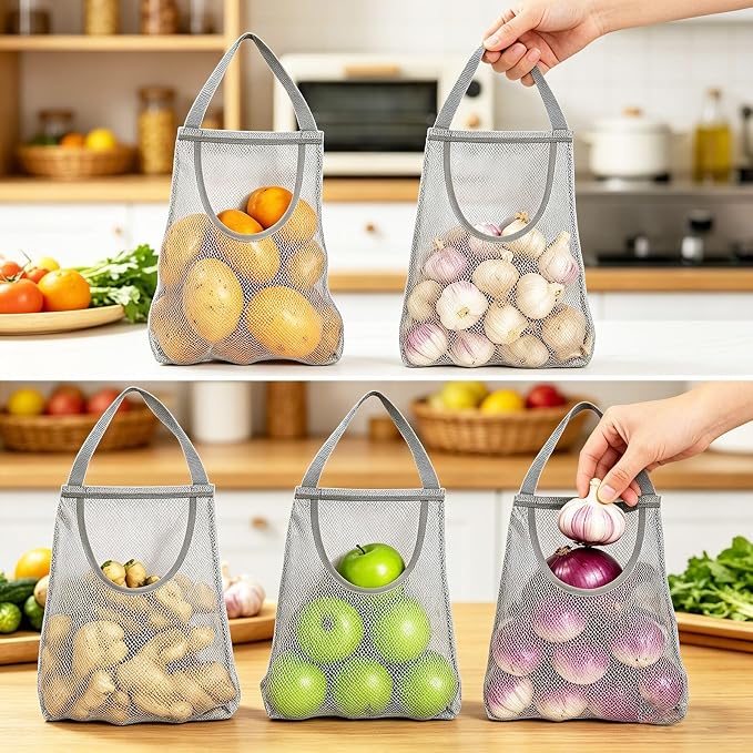 Ahyuan 5 Pack Hanging Mesh Storage Bags For Potatoes,Onions,Garlics,Vegetables Long and Large Reusable Net Storage Tote Bags for Fruit Veggies Green Pepper or Garbage Bag (Gray)