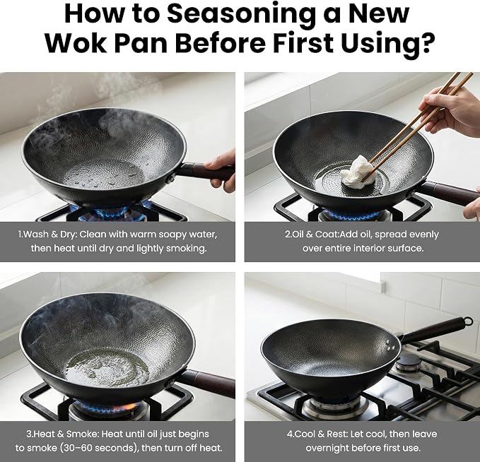 13 Inch Carbon Steel Wok with Lid, Large Flat Bottom Woks & Stir-Fry Pan | Large Chinese Wok Pan, 6.45QT, Nitrided Carbon Steel, No Chemical Coating, For All Stoves