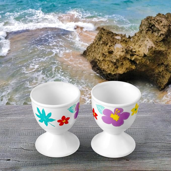 Cinf Easter Ceramic Egg Cups, Set of 2, Hawaii Flower Egg Holders | 2-piece ceramic egg cup set, festive floral design, easy to clean, perfect for boiled eggs, breakfast and Easter tables