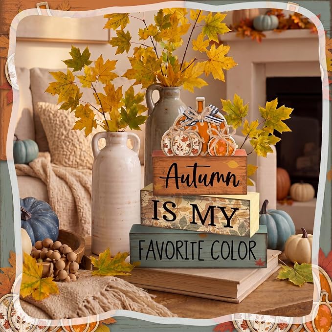 Lineshading 4 Pcs Fall Block Signs with Pumpkin Autumn Farmhouse Decor | Stackable Wooden Signs for Tiered Tray, Rustic Pumpkin Centerpiece, Thanksgiving Harvest Decorations, Autumn Gift Set