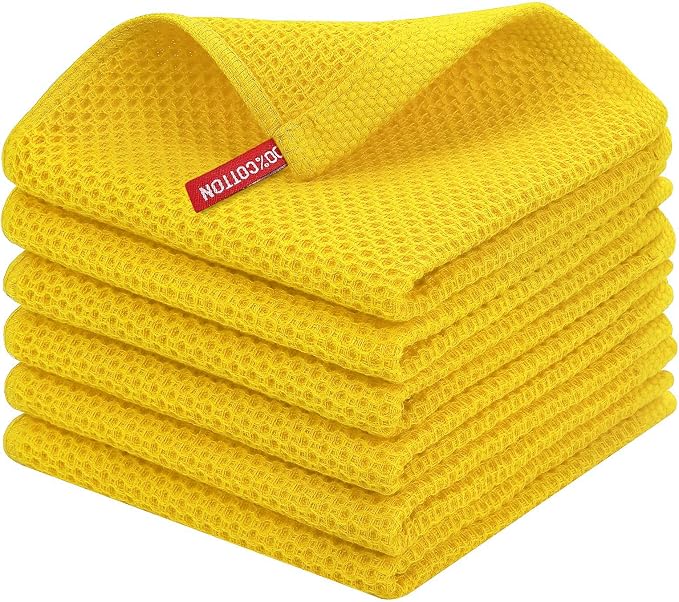 Homaxy 100% Cotton Waffle Weave Kitchen Dish Cloths 6-Pack, Yellow | 12 x 12 Inches, Ultra Soft Absorbent Dish Towels, Quick Drying Dish Rags with Hanging Loop