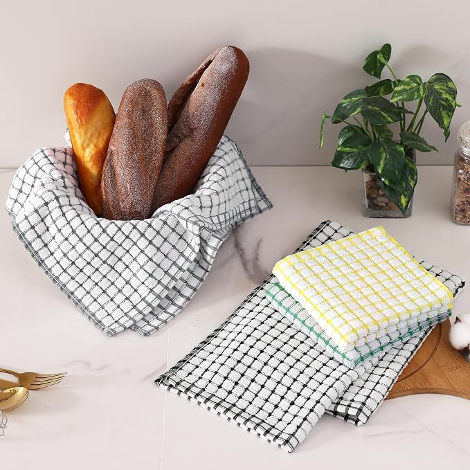 Homaxy Kitchen Towels and Dishcloths Set (16”x 25” and 12”x 12”, 8 Pack) | Cotton Terry Kitchen Dish Towels, Super Soft and Absorbent Dish Cloths, Black/Grey/Yellow/Green