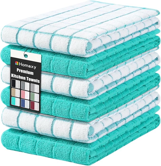 Homaxy Large Premium Cotton Kitchen Towels 16"x 28", 6 Pack, Aqua | Natural Ring Spun 390 GSM Dish Towels, Super Absorbent Terry Kitchen Hand Towels, Soft Tea Towels with Hanging Loop