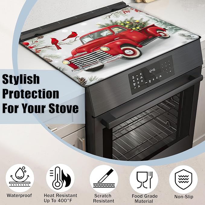 Electric Stove Top Cover,Christmas Truck Stove Cover for Glass Top Electric Stove,Winter Cardinal Bird Heat Resistant Flat Top Stove Mat Countertop Protector, 28 x 20 Inch