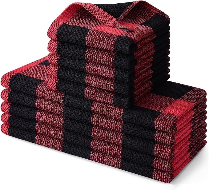 Homaxy Kitchen Towels and Dishcloths Set, Set of 10, Black & Red | Bulk Cotton Waffle Weave Check Plaid Kitchen Towels, Super Soft and Absorbent Dish Cloths, 12 x 12 and 13 x 28 Inches
