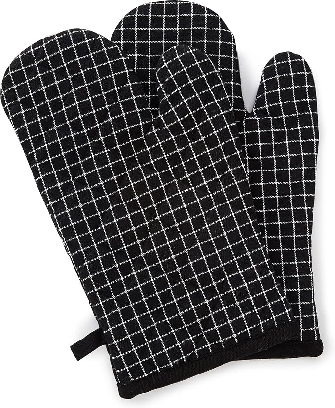 Encasa XO Oven Mitts, Heat Resistant Kitchen Gloves, Microwave | Butcher Checks Black, 100% Cotton | Diamond Quilted Insulation | Pot Holders | Hanging Loop | Barbecue & Grill | Set of 2
