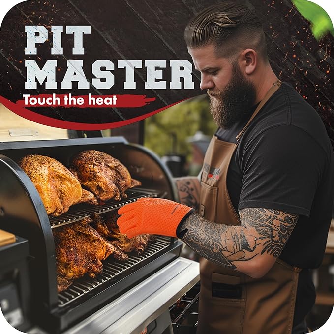 KITCHEN PERFECTION S Silicone Smoker BBQ Gloves - Heat Resistant Oven Mitts | Waterproof, 5-Finger Design For A Better Grip, for Pitmasters, Meat Smoking, Grilling, Cooking, Frying Turkey | Grill Gift