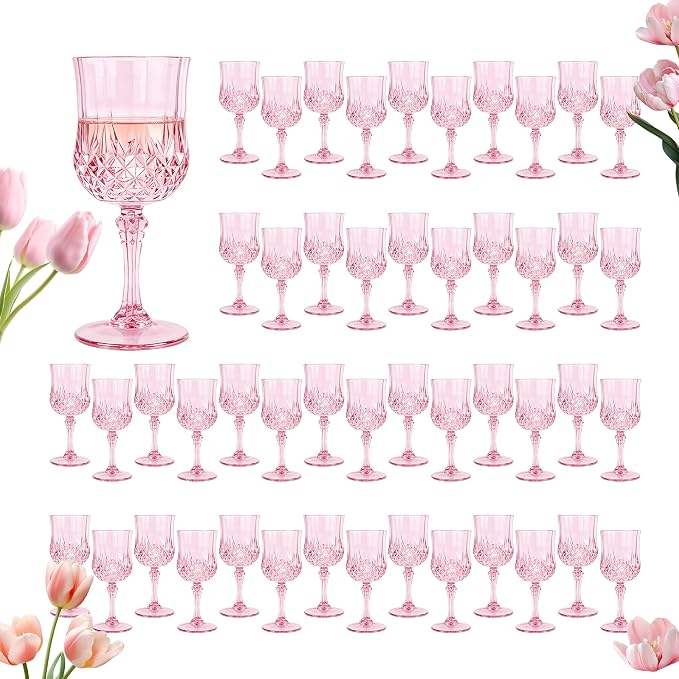 48Pack Plastic Wine Glasses, 7oz Vintage Goblets for Wedding | Unbreakable Crystal Style Reusable Stemware, Elegant Pink Drinking Glass for Party Anniversary & Holiday Celebration