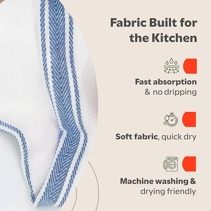 Zeppoli Classic Kitchen Towels - 45 Pack 100% Natural Cotton Towel Set, Reusable Wash Cloths, Absorbent Dish Towels, Machine Washable Hand Towels, Kitchen Essentials -14” by 25”, Blue Striped