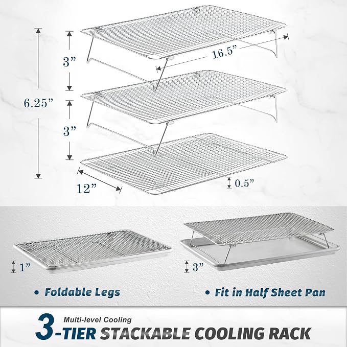 HIWARE Oven-Salf Collapsible Cooling Rack for Baking, 3 Tier 12”x 16.5”, Stainless Steel and Fit Half Sheet, Stackable Wire Cooling Racks for Cookie, Pizza, Cake