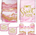 Bencailor 6 Pcs Pink Kitchen Decor Marble Kitchen Towels Set Pot Holders and Oven Mitts Pink Marble Linens Set for Baking Cooking Grilling Cleaning Supply Accessories