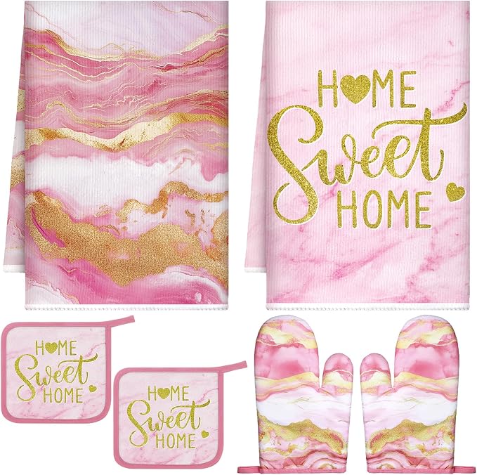 Bencailor 6 Pcs Pink Kitchen Decor Marble Kitchen Towels Set Pot Holders and Oven Mitts Pink Marble Linens Set for Baking Cooking Grilling Cleaning Supply Accessories