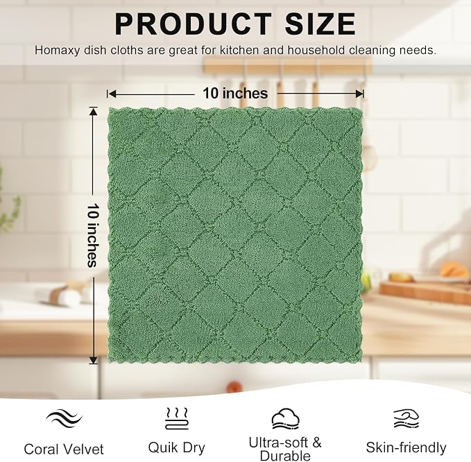 Homaxy 12 Pack Super Soft & Absorbent Dish Cloths, 10" x 10", Grass Green | Coral Velvet, Nonstick Oil Fast Drying Microfiber Cleaning Cloth, No Lint Household Dishcloths
