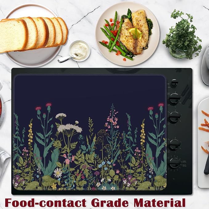 Herbs and Wild Flowers Stove Top Cover for Electric, Glass Ceramic Stove Cover, Heat Resistant Flat Stovetop Protector, Dish Drying Mats for Kitchen