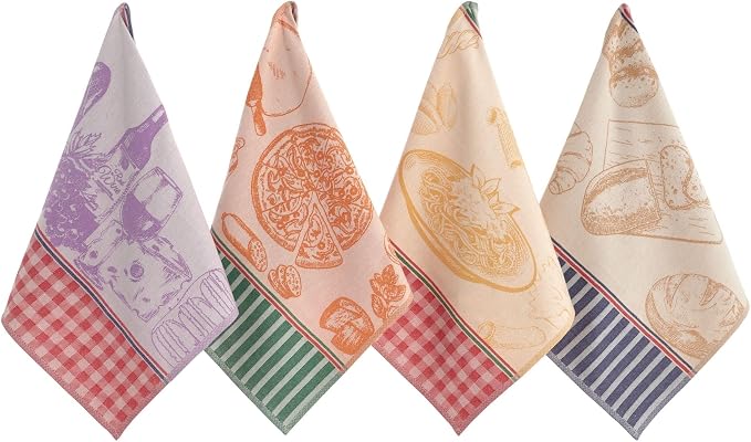 100% Cotton French Jacquard Kitchen Tea Towel Set of 4 - Italian & French Gourmet Kitchen Towels (Gourmet Moments)