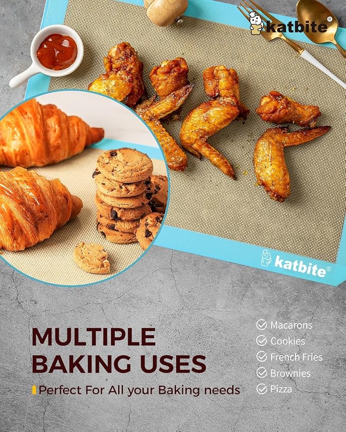 Katbite Silicone Baking Mat Set of 3 Light Blue | 2 Half Sheets Mats + 1 Quarter Baking Sheet, Reusable & Nonstick Bakeware Mats for Cookies, Macarons, Bread