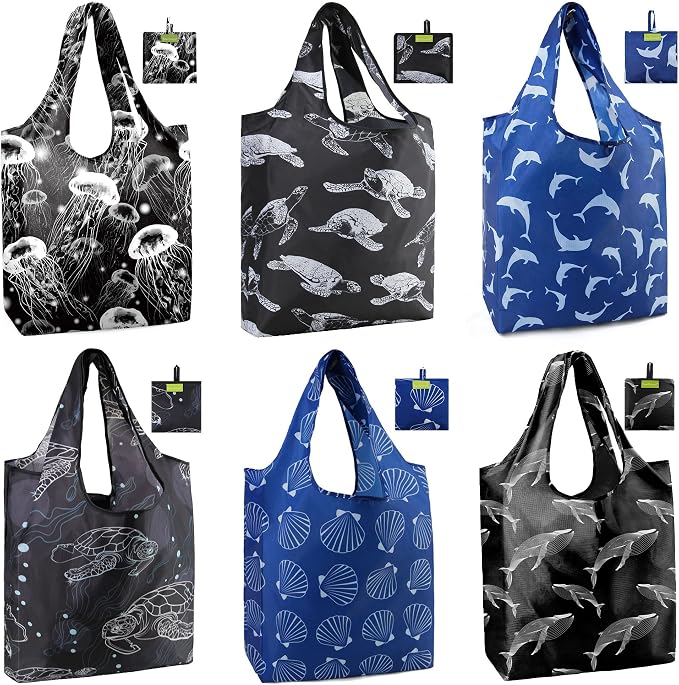 BeeGreen Reusable Shopping Bags Cute Grocery Bag 6 Pack, Reusable Gift Bags Heavy-Duty Foldable Shopping Totes for Supermarket, Work & Travel, Large Washable Polyester Tote Bag with Handles