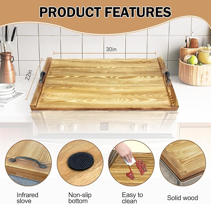 Noodle Board Stove Cover with Handles, Bamboo Wood Stove Top Covers for Electric Stove & Gas Burners, 30" x 22" Stovetop Cover, Rustic Kitchen Decor, for Countertop/Sink Cover/RV (Brown)