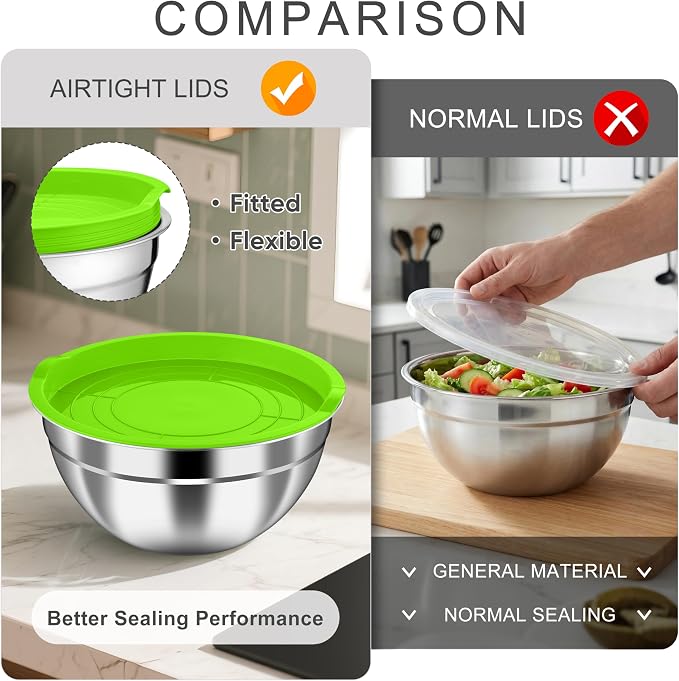 HaWare Mixing Bowls with Airtight Lids, 6-Piece Stainless Steel Salad Bowls | Strong Nesting Bowls for Cooking, Prepping, Baking, Serving & Food Storage, Stackable Design, Size 4.6, 3, 1.5QT, Colorful