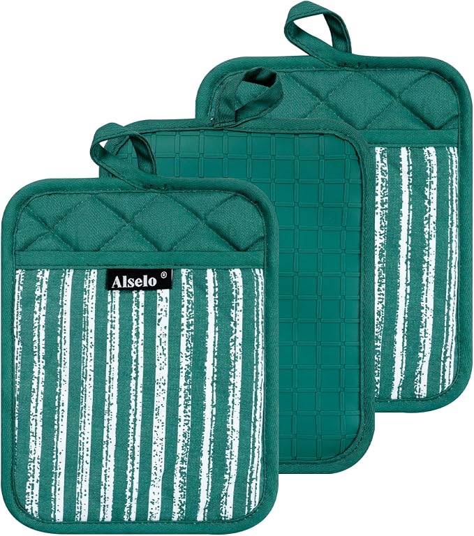 Alselo Silicone Pot Holders Set of 3 Heat Resistant & Non Slip Potholders | Professional Oven Hot Pads with Pockets Mitts for Kitchen Cooking Baking Barbecue (Emerald Green, 3)
