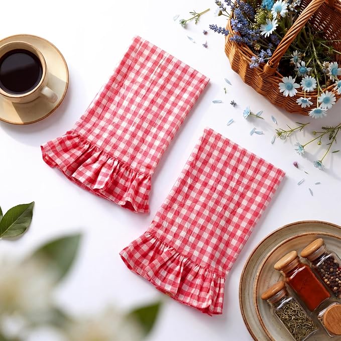 HunnmingRe 2 Pcs Watermelon Pink Gingham Kitchen Towels Cotton Ruffled | Checked Dish Towels 18"x28" Tea Cloths Plaid Cottage Core Kitchen Decor for Farmhouse Charm Drying Dishes Entertaining Guests