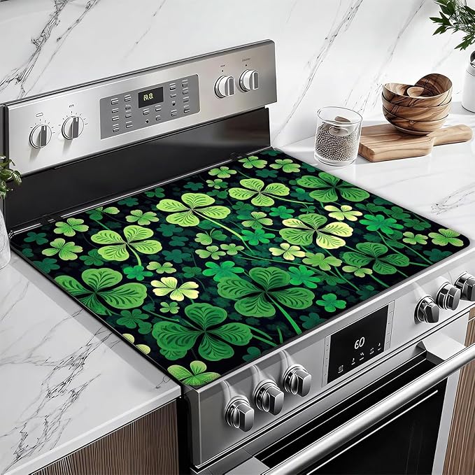 Green Clover Shamrock Stove Top Covers for Electric Stove, St.Patrick's Day Electric Gas Stove Pad Heat Resistant Range Cooktop Protector for Home Decor Kitchen 28"x20"