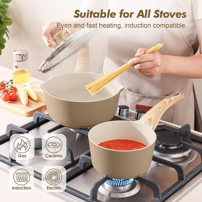 SENSARTE Ceramic Nonstick Sauce Pan with Lid, 2.0 Quart Small Saucepan, White Cooking Pot with Stay Cool Handle, Non toxic Kitchen Sauce Pot, Non stick Small Pot, Induction Pot, PFOA PTFE PFAS Free