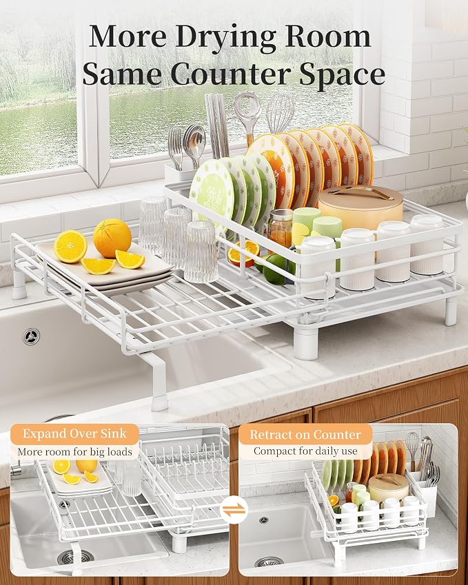 SAYZH Expandable Dish Drying Rack for Kitchen Counter, Metal, White | Foldable Over Sink, Large Capacity, Rust-Resistant, Adjustable for Most Sinks, Automatic Drainage, Removable Utensil Holder