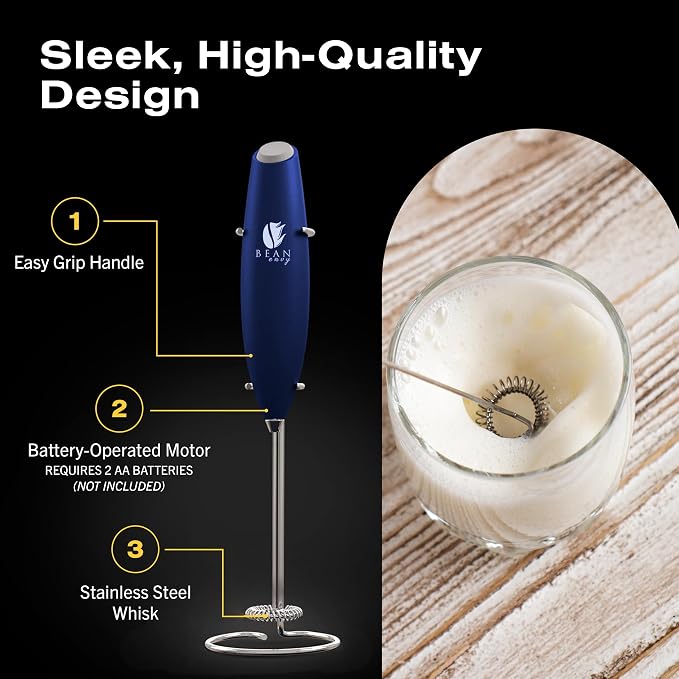 Bean Envy Milk Frother Handheld - Coffee Mixer Wand with Stand - Blue | Battery Operated, Stainless Steel Whisk, 19000 RPM, Protein Powder Blender, Electric Stirrer, Mini Foamer