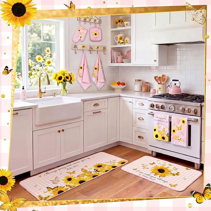 Fourluoo 10 Pcs Sunflower Kitchen Decor and Accessories Pink Kitchen Towels Rugs Oven Mitts and Pot Holders Set Sunflower Decorations Set for Cooking Baking Grilling Mom Gift Home