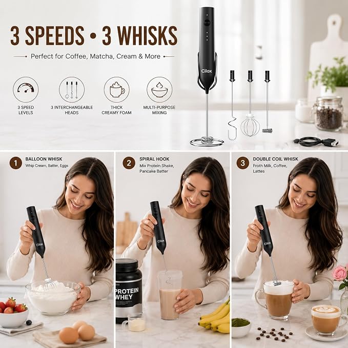 Rechargeable Milk Frother Handheld with 3-Speed & 3 Detachable Stainless Whisks with Stand, Electric Whisk Frother Wand, Mixer Wand for Coffee, Lattes, Cappuccino & Matcha