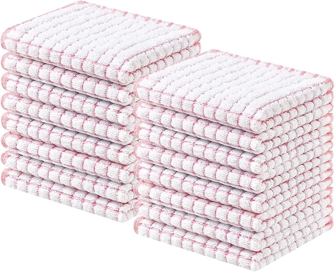 Homaxy 16 Pack Terry Kitchen Dish Cloths, 12"x12", Pink | Super Soft and Absorbent Dish Rags, Quick Drying Reusable Dish Towels for Washing Dishes