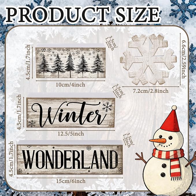 Lineshading 4 Pcs Winter Block Signs Wooden Farmhouse Tiered Tray Decor | Snowflake Design Stackable Blocks, Tabletop Shelf Mantel Display, Rustic Distressed White Finish, Farmhouse Holiday Decor