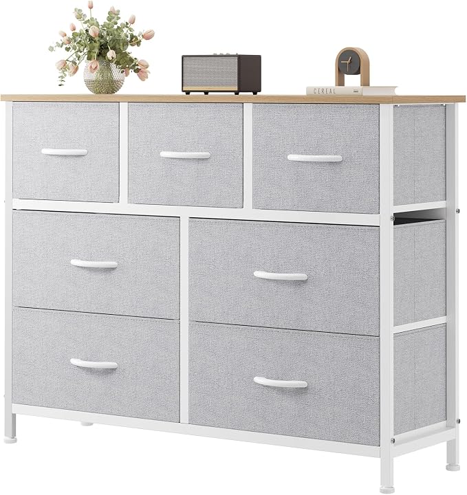 Sweetcrispy 7 Drawer Dresser for Bedroom Storage, Fabric Bins, Light Grey | Anti-Tip Closet Organizer, Wooden Top and Sturdy Steel Frame, Spacious Drawers for Clothes Storage, Hallway Entryway